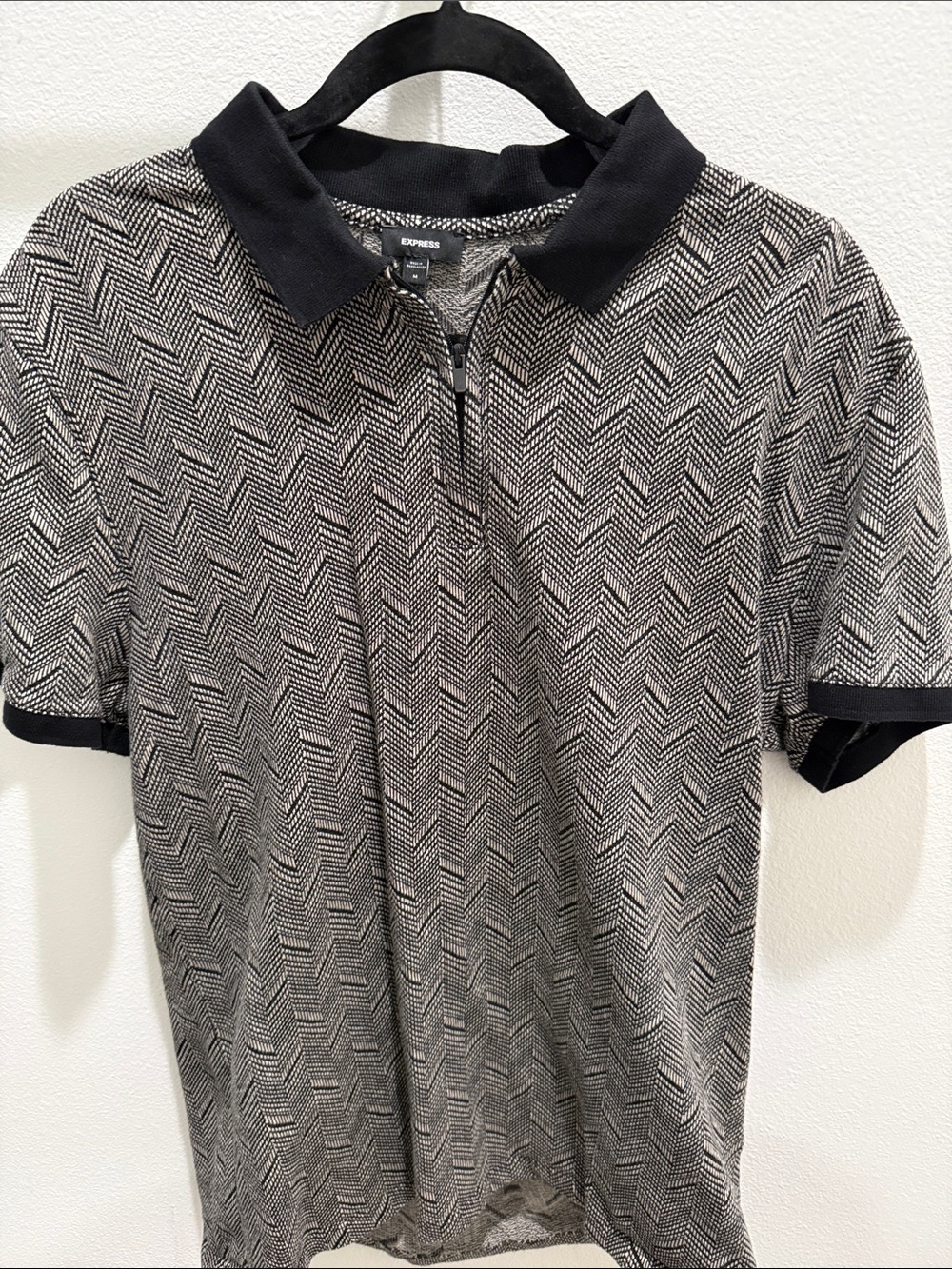 Express Black & White Herringbone Zip Polo